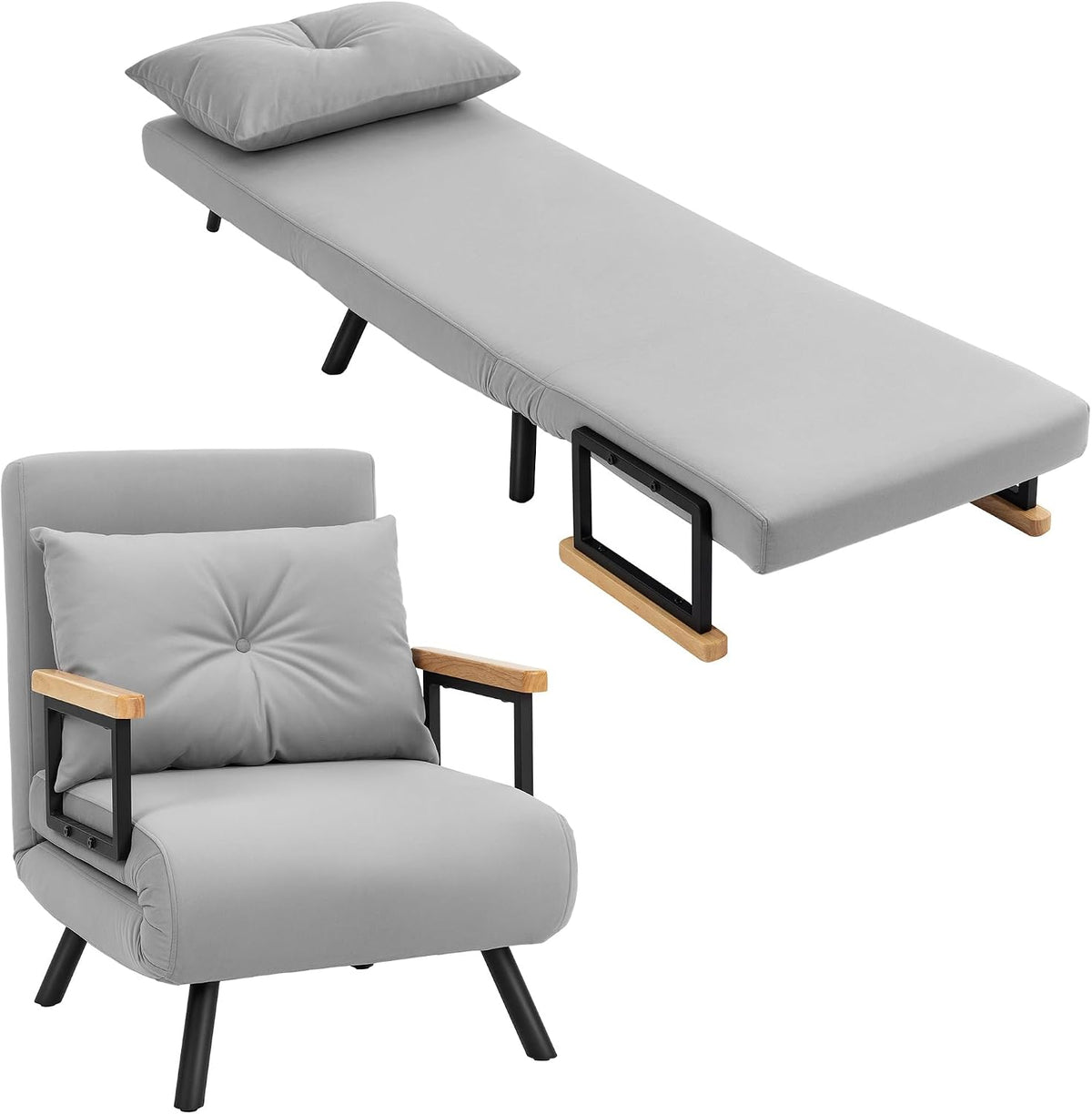 Divano letto HOMCOM, 63 × 73 × 81 cm, acciaio, velluto, Grigio chiaro, trasformabile, con funzione letto, reclinabile, regolabile, pieghevole