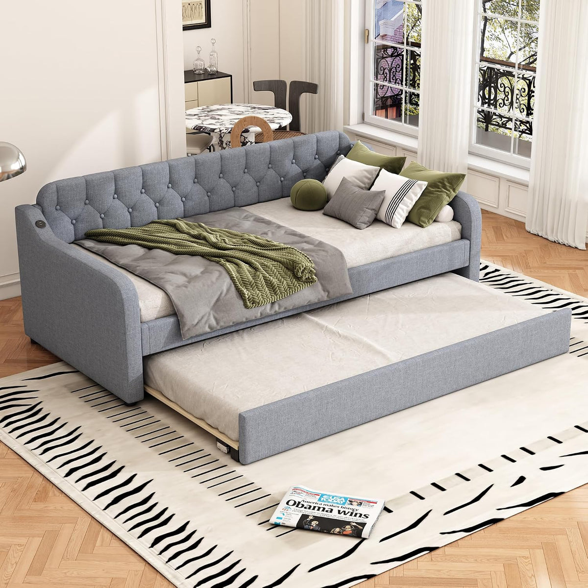 Divano letto Idemon, 2 in 1, 90 × 200cm, MDF, lino, Grigio, con funzione letto, allungabile, pieghevole, con porta USB, per soggiorno