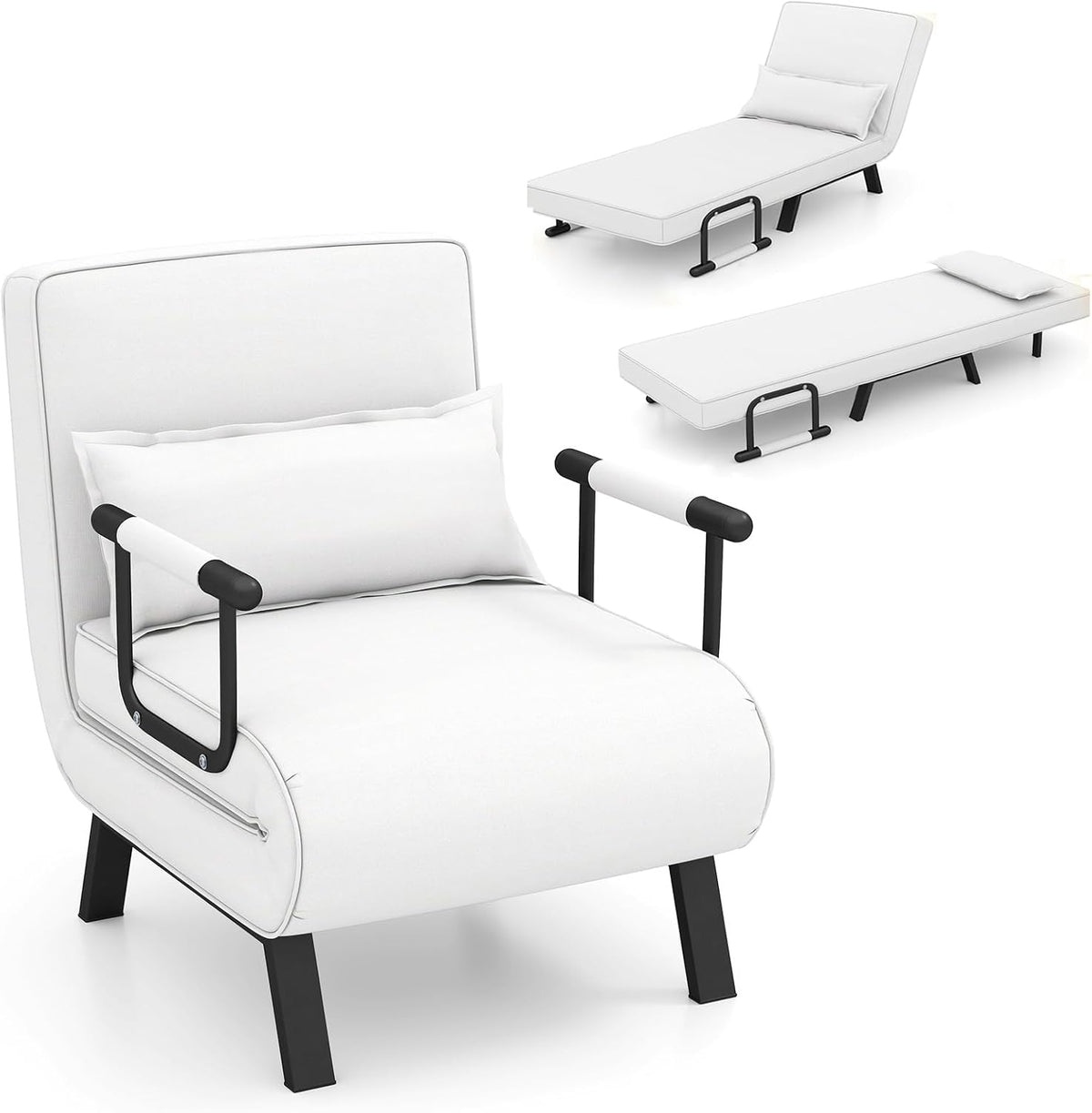 Poltrona letto RELAX4LIFE, singolo, 4 in 1, Bianco, con cuscino, reclinabile, regolabile, pieghevole, con braccioli, per soggiorno