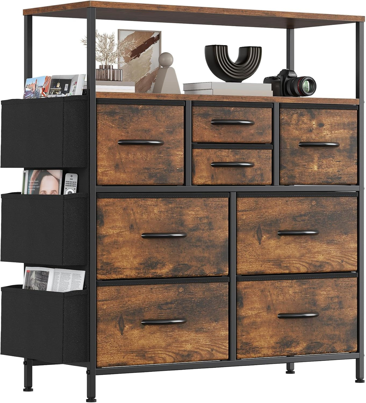 Cassettiera Feonase, 8 cassetti, Marrone, MDF, metallo, per soggiorno e camera da letto