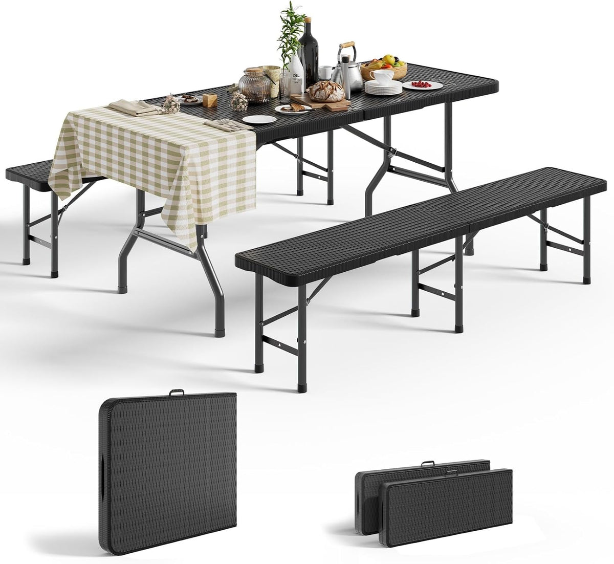 Set da pranzo Devoko, 180 × 74 × 74cm, 180 × 30 × 43cm, pieghevole, rattan, per giardino e terrazzo