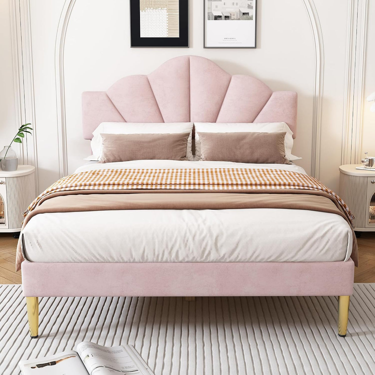SUKY Letto, 140 × 190 cm, Rosa, legno, velluto, regolabile, con rete a doghe, imbottito, per camera da letto