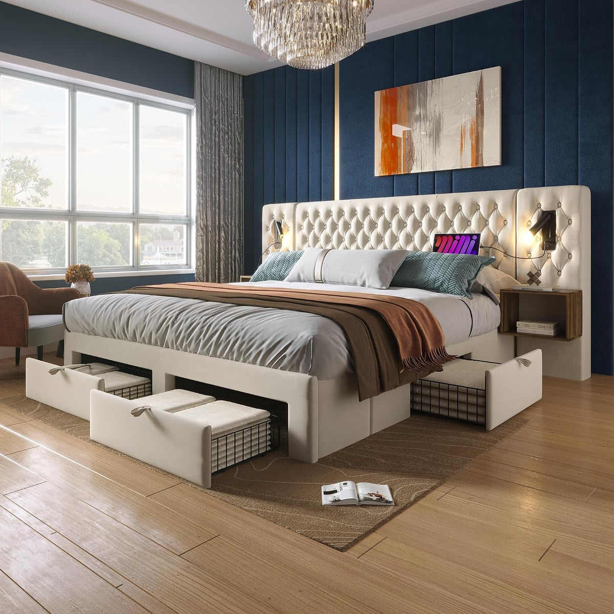 Letto Dolamaní, con rete a doghe, imbottito, 180 × 200 cm, 4 cassetti, matrimoniale, Beige, velluto, per camera da letto