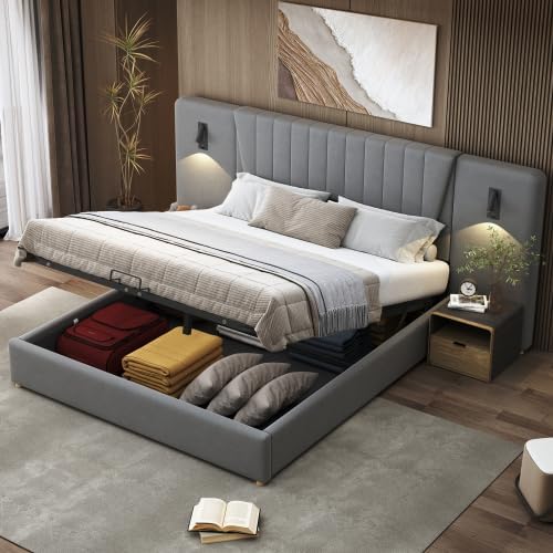 Moimhear Letto, matrimoniale, 180 × 200cm, Beige/Grigio, tessuto, con contenitore, regolabile, con porta USB, imbottito, per camera da letto
