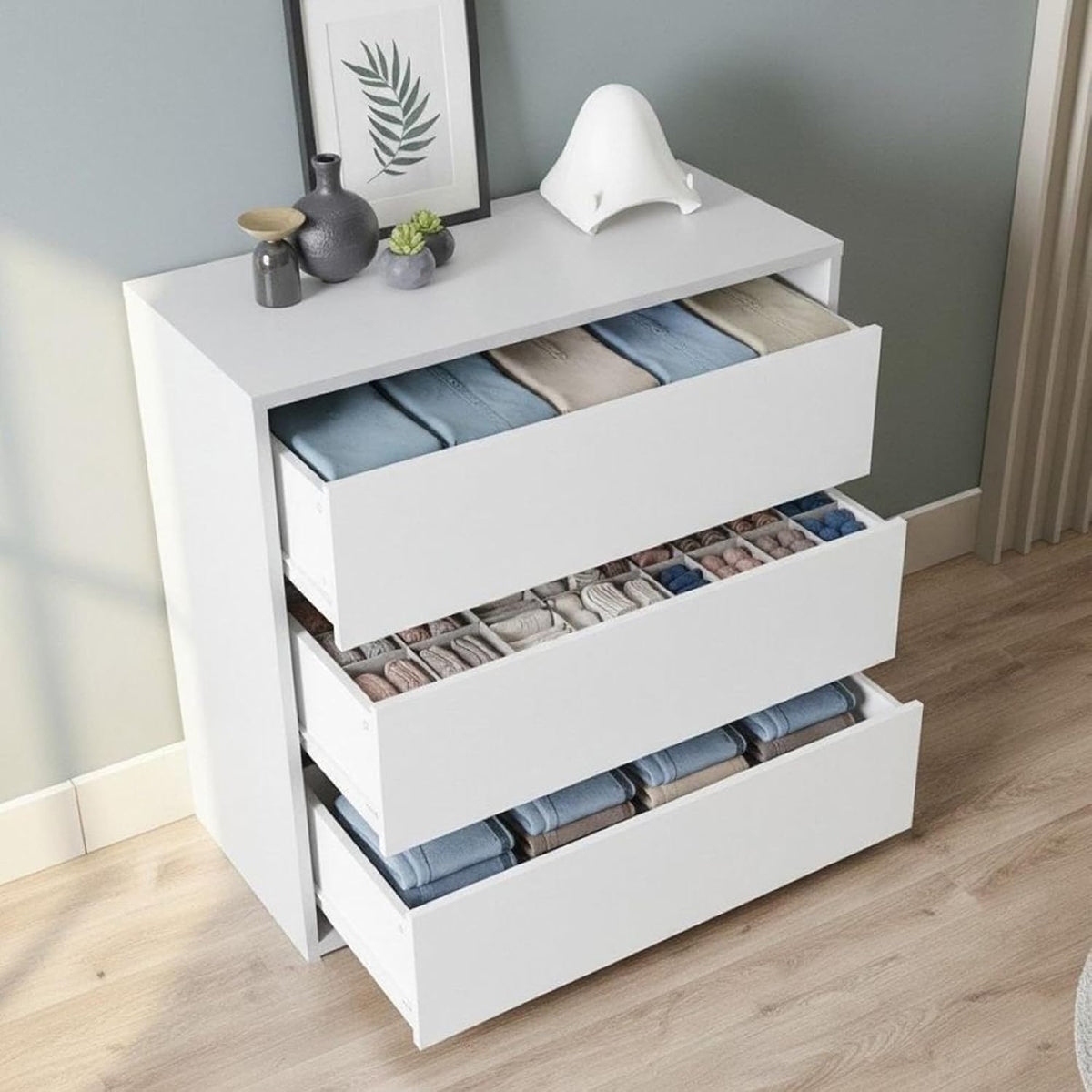 Cassettiera Dmora, 60 × 44 × 57 cm, Bianco, 3 cassetti