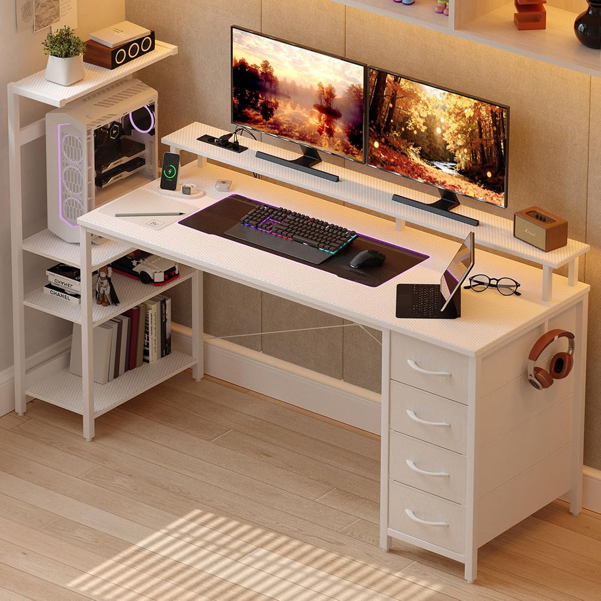 Scrivania YOUDENOVA, 150 × 50 cm, Bianco, regolabile, con porta USB, per ufficio, scrivania per computer con cassetti