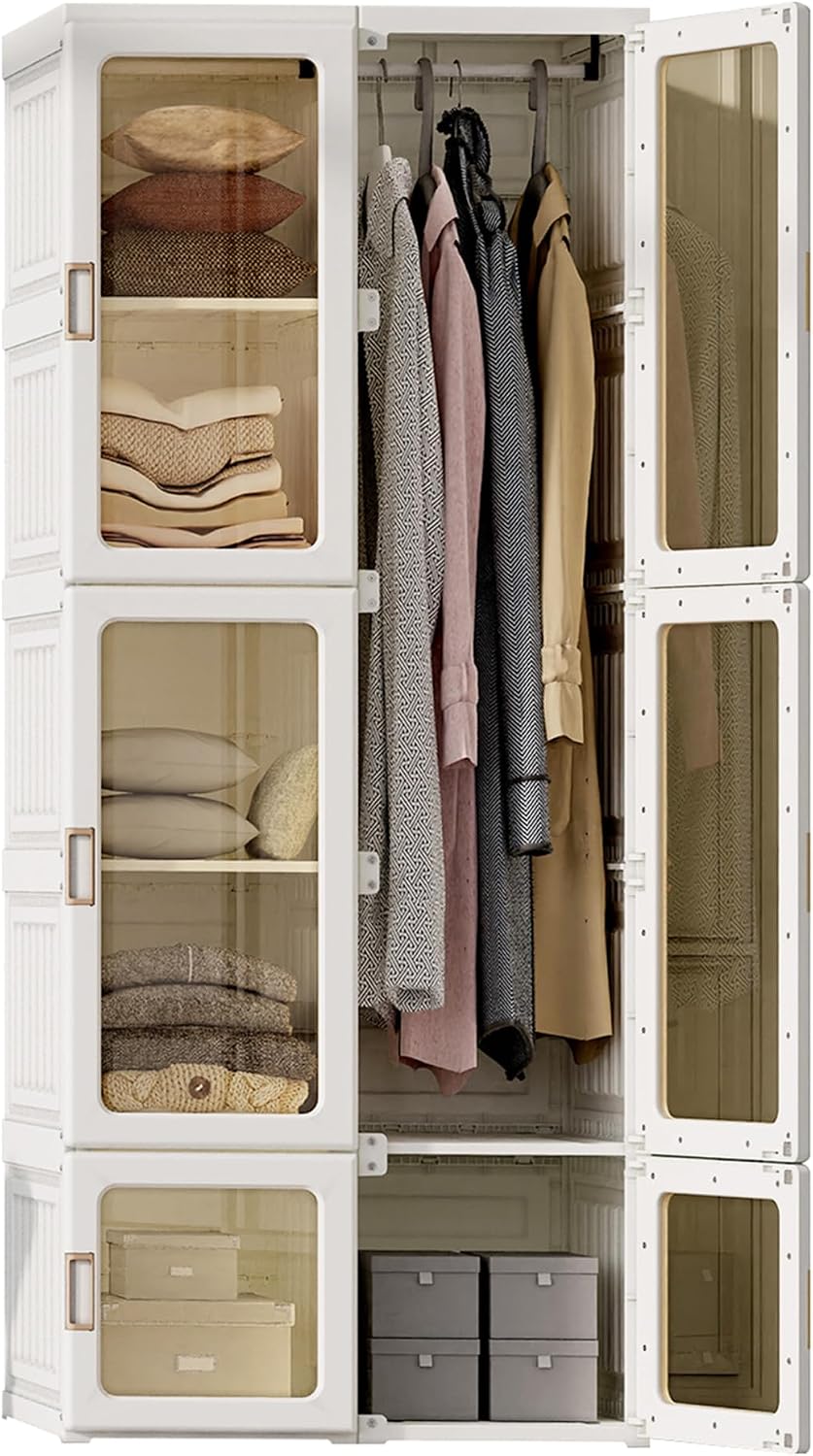 Armadio BPKADHY, 69 × 170 × 50 cm, Bianco, pieghevole, per camera da letto, multiuso con asta appendiabiti e ante magnetiche