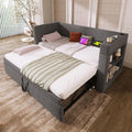 Divano letto Oxtao, 90 × 190 cm, Grigio/Beige, con braccioli, con porta USB, imbottito, lino, materasso non incluso, per soggiorno