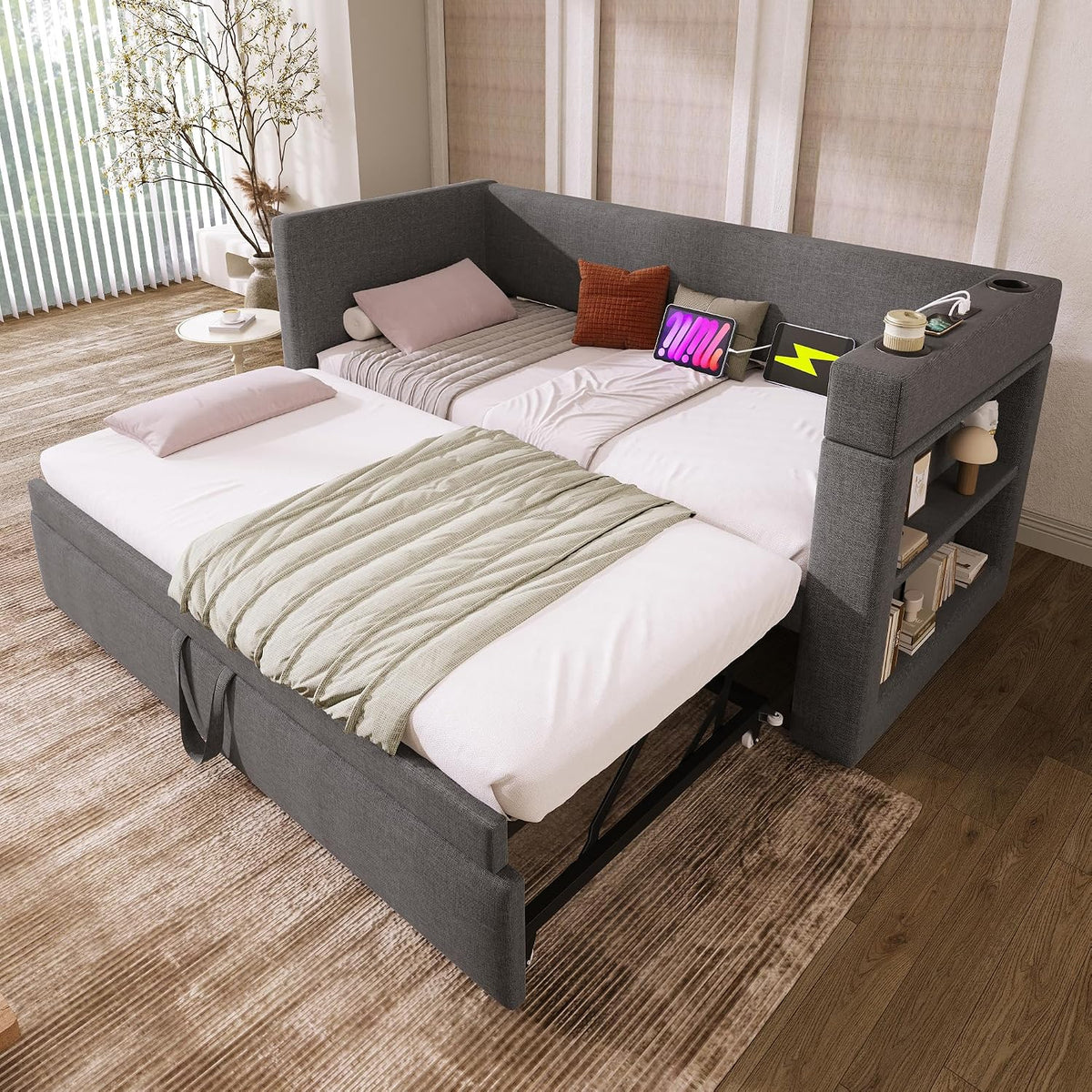 Divano letto Oxtao, 90 × 190 cm, Grigio/Beige, con braccioli, con porta USB, imbottito, lino, materasso non incluso, per soggiorno