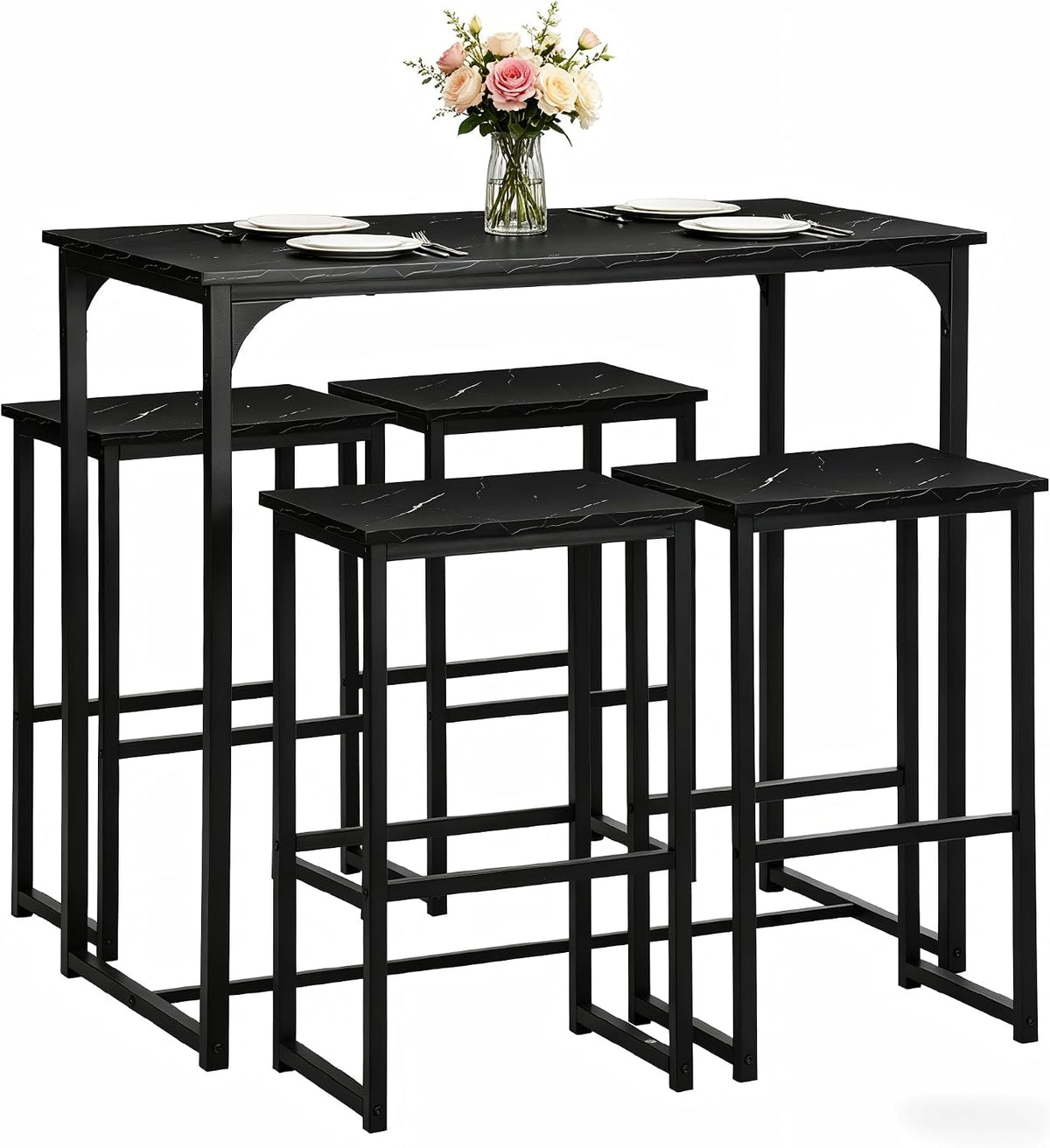 Songvas Set da pranzo, set 5 pezzi, 4 sedie, 100 × 50 × 90 cm, 40 × 30 × 65 cm, Nero, legno, per giardino e terrazzo