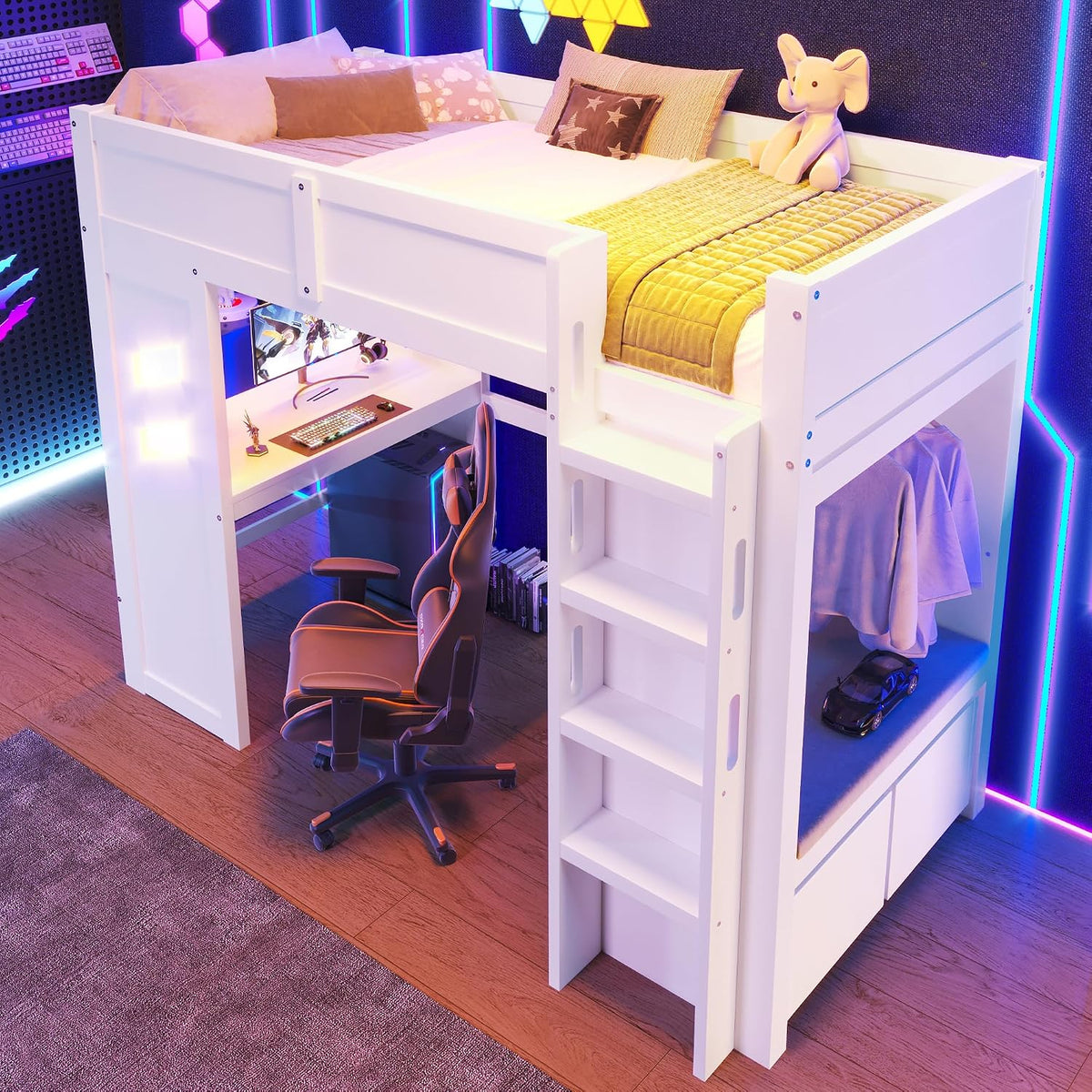 Letto HMHKHN, singolo, 90 × 200 cm, legno, MDF, Bianco, con illuminazione LED, con porta USB, per camera da letto