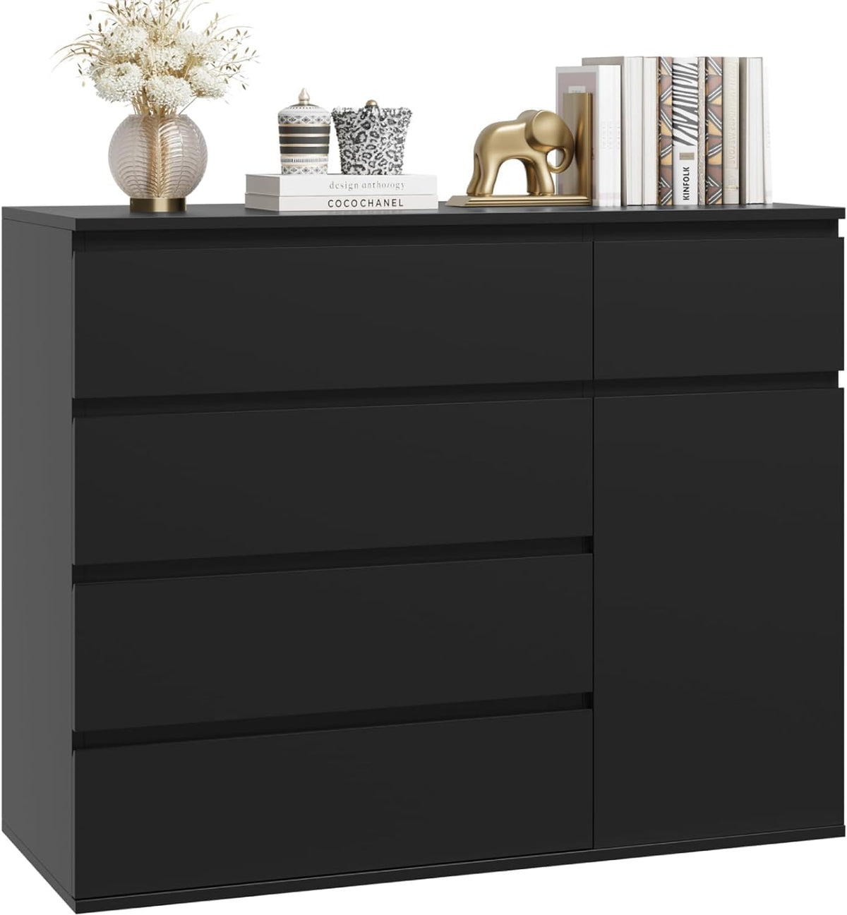 Cassettiera FOREHILL, 100 × 40 cm, 5 cassetti, 1 ante, Nero, legno