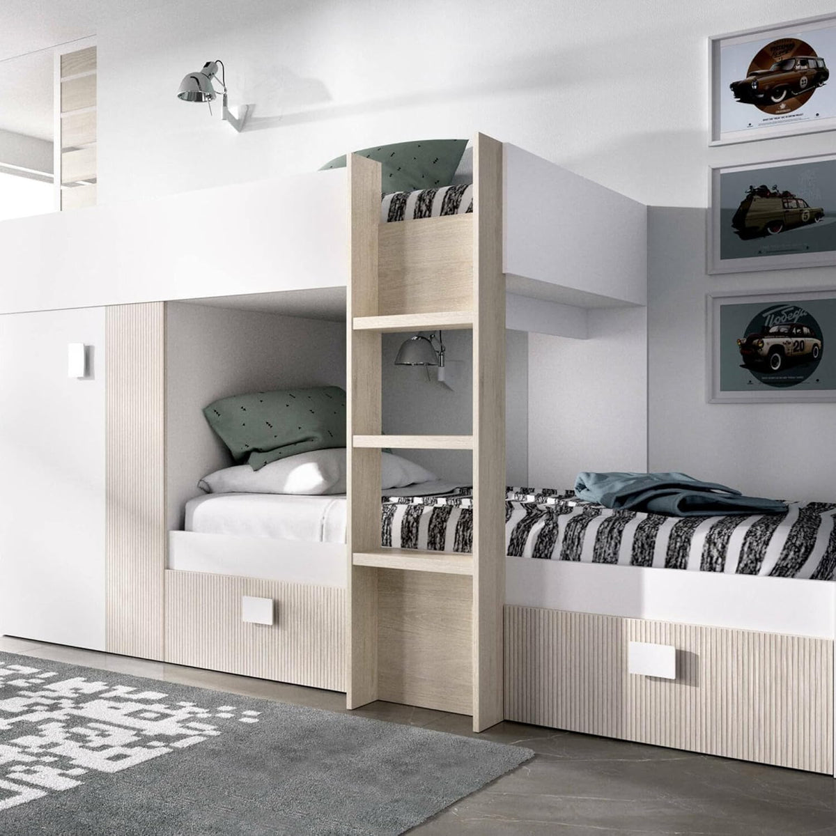 Letto a castello Dmora, Bianco/Rovere, alluminio, per camera da letto