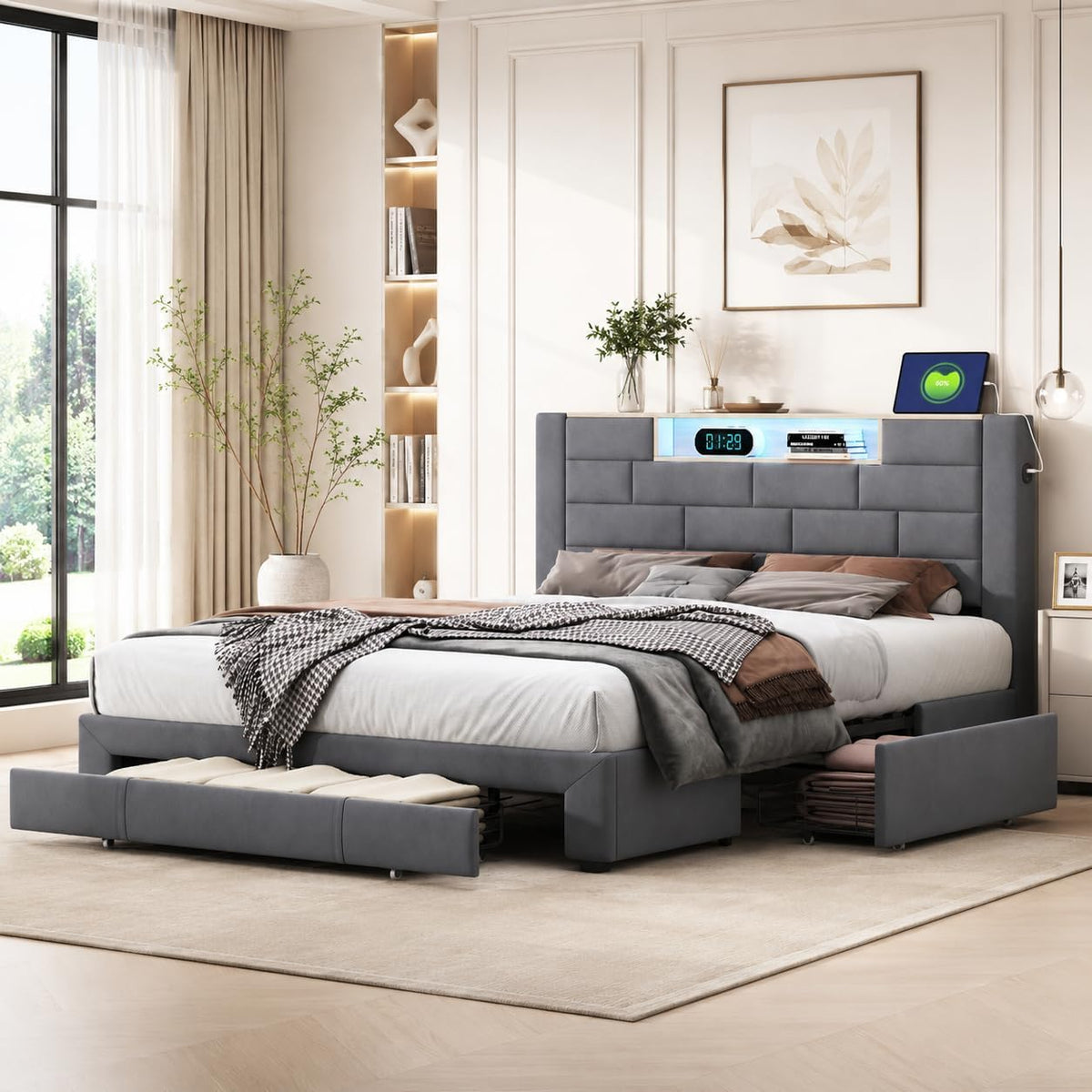 Zorvani Struttura letto matrimoniale 160 × 200 cm, Grigio scuro, 3 cassetti, LED RGB, USB, velluto, senza materasso