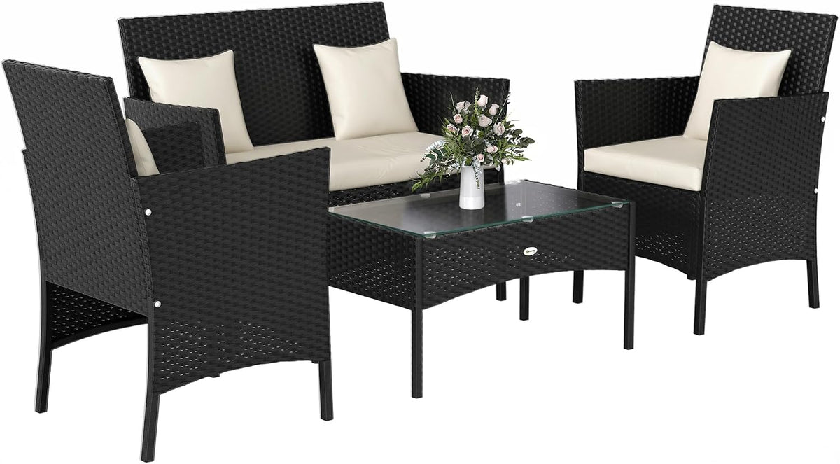 Outsunny Set da giardino 4 pezzi in rattan PE, Nero/Crema, 2 sedie, divano 2 posti e tavolino con cuscini