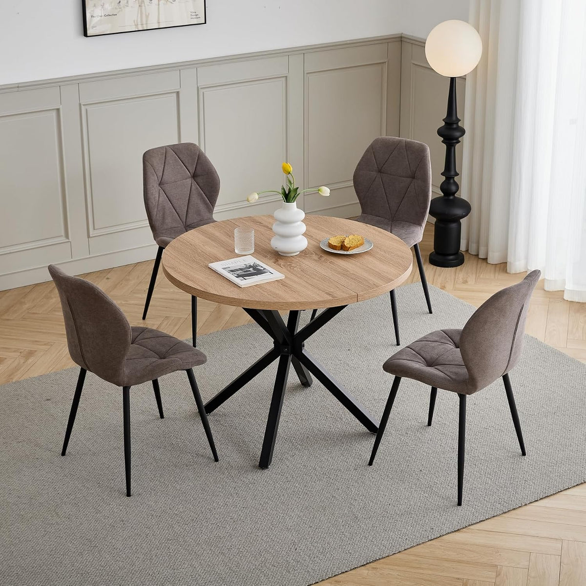 GrandCA HOME Set da pranzo, 4 sedie, 100 × 100 × 76,5 cm, 43 × 47,5 × 86 cm, Marrone, lino, per sala da pranzo e cucina