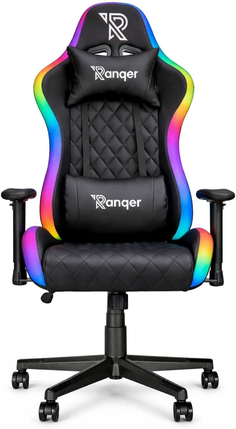 Ranqer Sedia gaming, Nero, similpelle, reclinabile, con cuscini, per ufficio