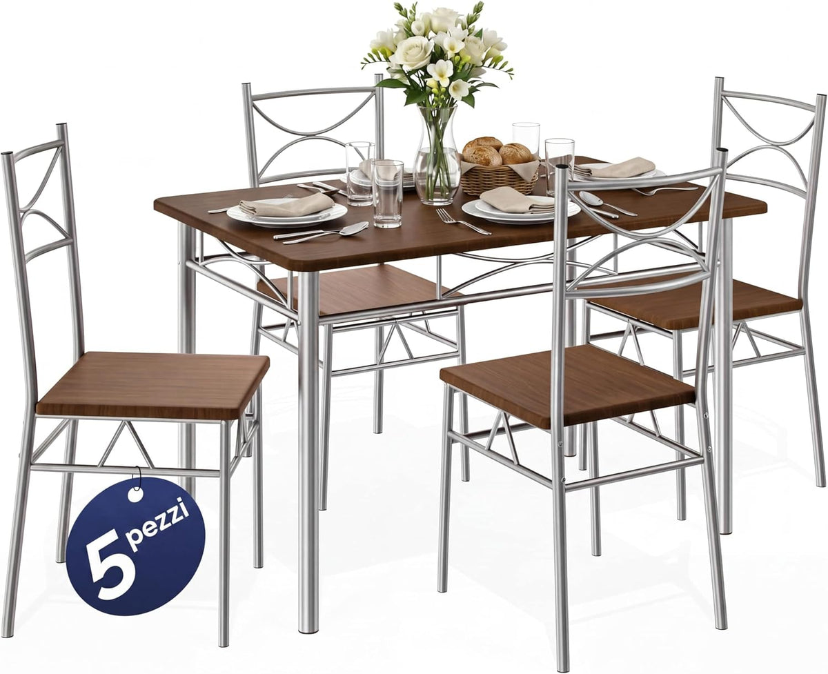 CASARIA Set da pranzo, set 5 pezzi, 4 sedie, 110 × 70 × 76 cm, 38 × 46 × 87 cm, per sala da pranzo e cucina