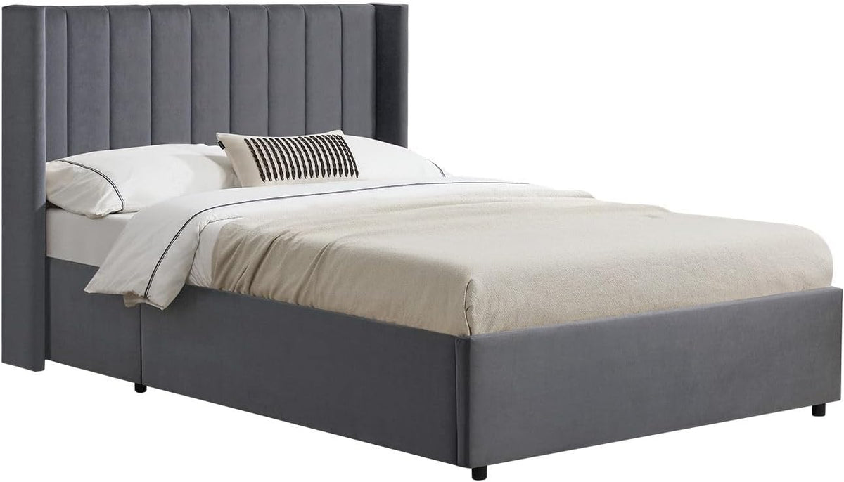 Letto contenitore Juskys, 120 × 200 cm, legno, velluto, Grigio scuro, con funzione letto, con contenitore, con rete a doghe, imbottito