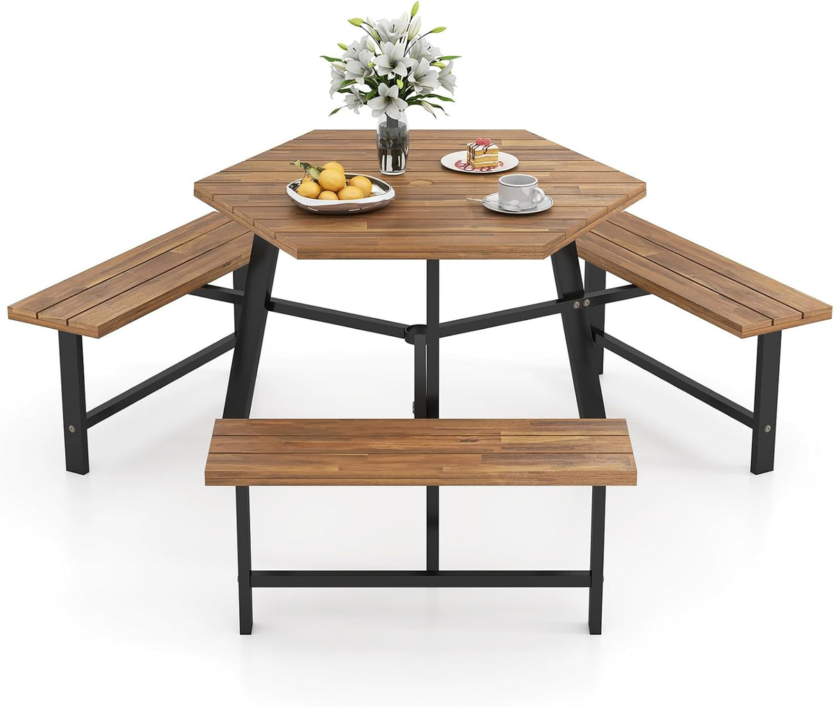Tavolo da pranzo RELAX4LIFE, 190,5 × 165 × 40 cm, legno, metallo, Nero, regolabile, per giardino e terrazzo