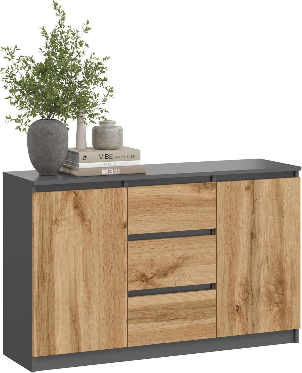Cassettiera KUBUTKU, 120 × 97 × 40 cm, Rovere, 2 ante, 3 cassetti, per soggiorno e camera da letto
