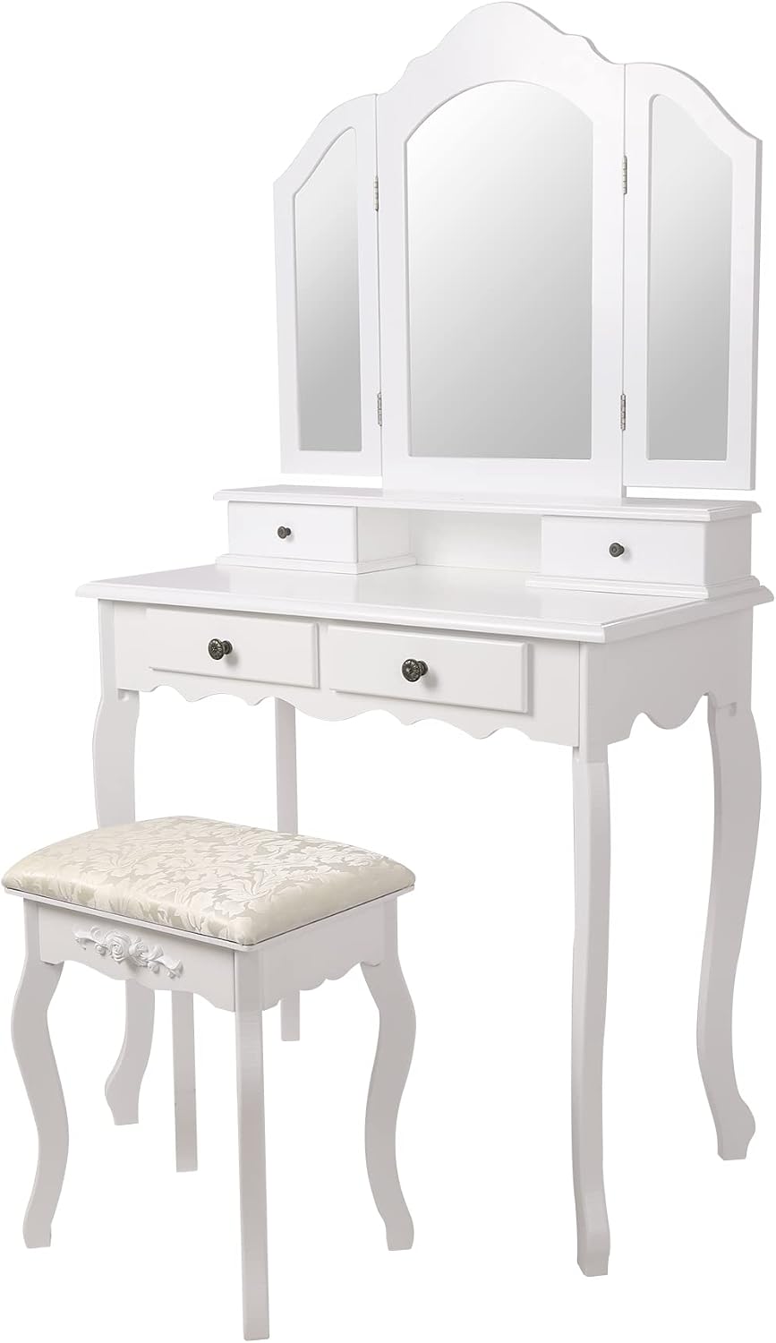 Toeletta ML DESIGN modern living, 4 cassetti, Bianco, 75 × 140 × 40 cm, legno, MDF, pieghevole, per camera da letto o zona trucco