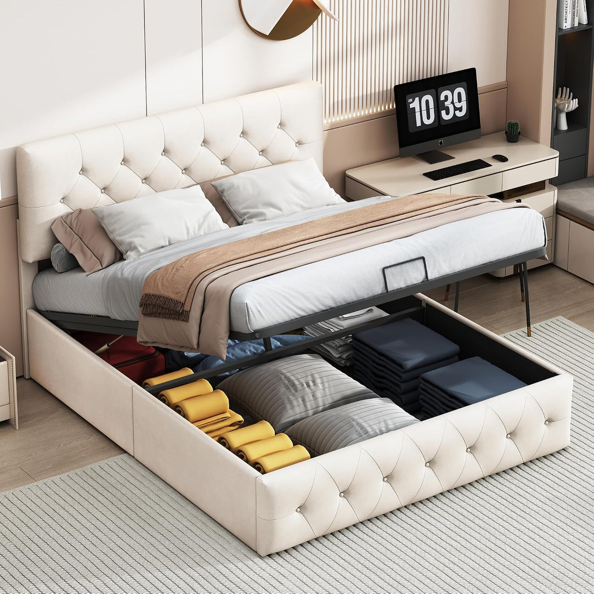 Letto contenitore JiaOyu, matrimoniale, una piazza e mezza, 160 × 200cm, velluto, tessuto, con contenitore, regolabile, con rete a doghe, imbottito