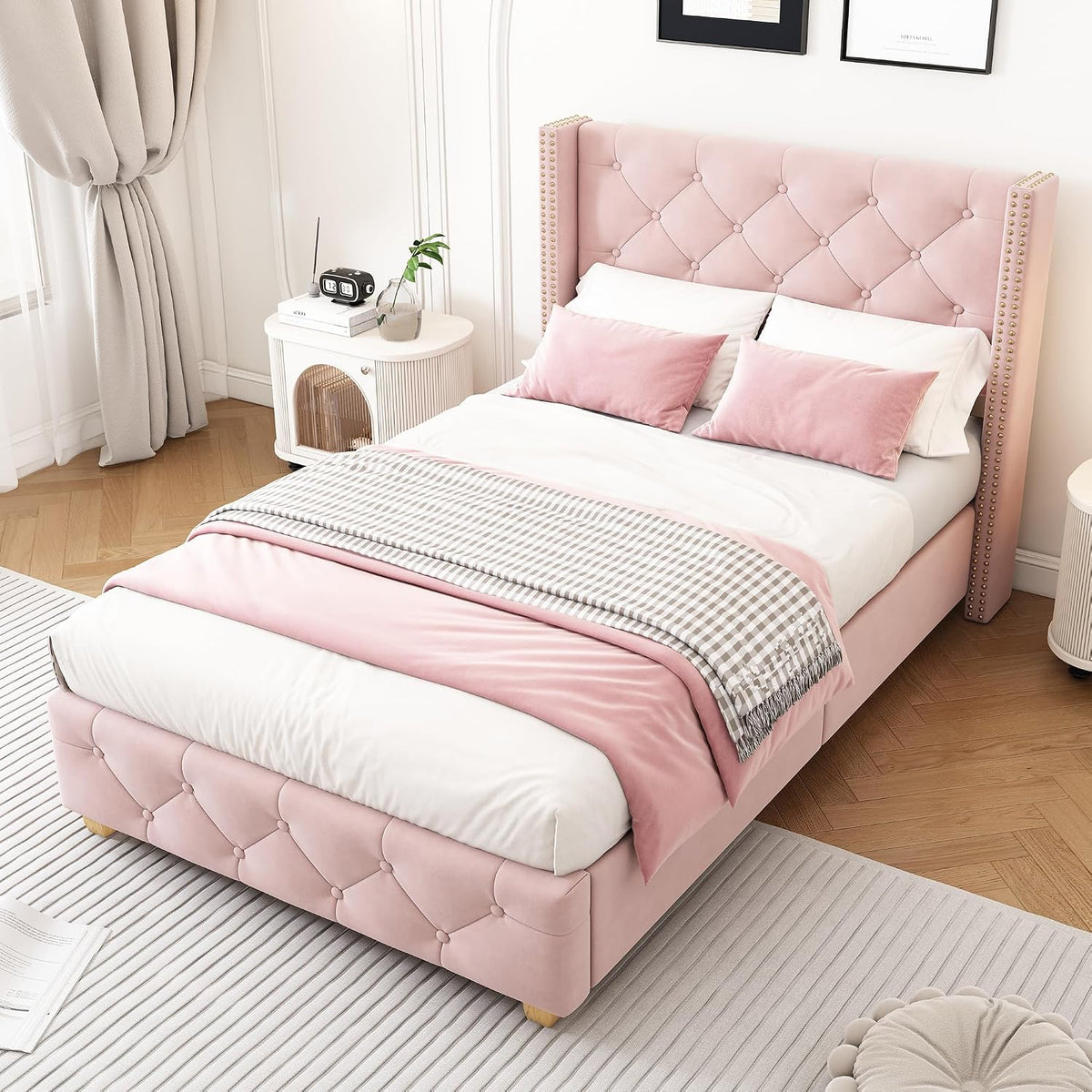 Letto Rosebibi, 90 × 200 cm, Rosa, con rete a doghe, imbottito, legno, velluto, per camera da letto