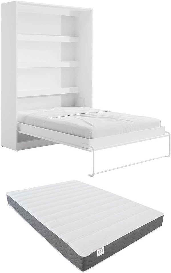 Set di mobili per camera da letto Vente-unique, RAPILI, 140 × 200 cm, Bianco, apertura verticale, materasso incluso