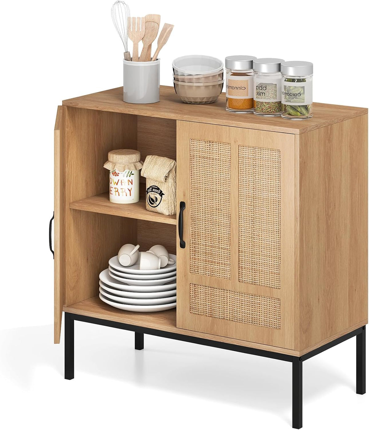 Credenza KOMFOTTEU, Naturale, 2 ante, regolabile, metallo, rattan, per soggiorno e sala da pranzo
