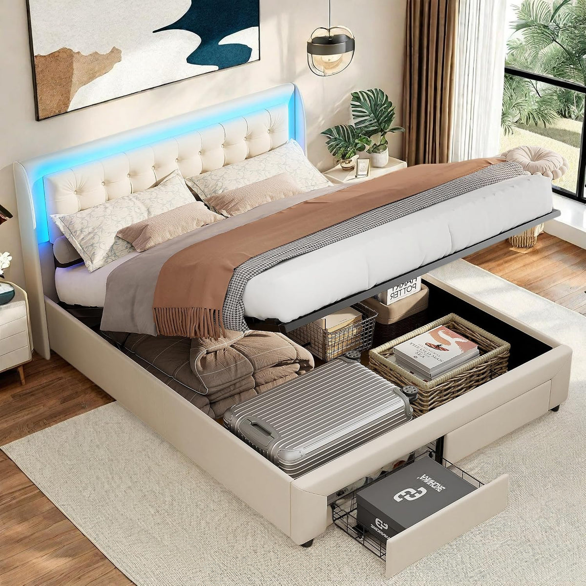 FreeWind Letto, 2 cassetti, matrimoniale, 160 × 200 cm, velluto, con rete a doghe, imbottito, materasso non incluso, per camera da letto