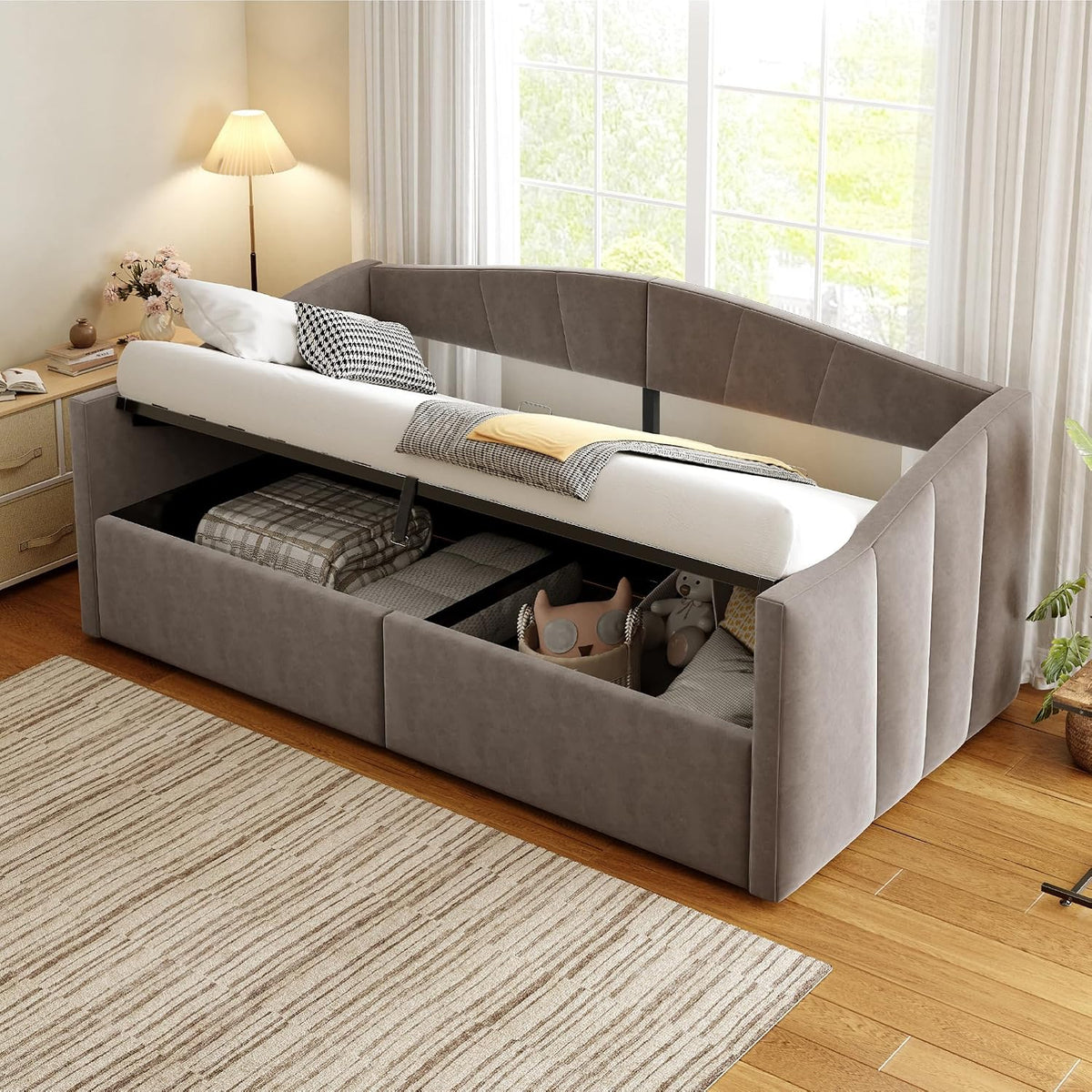 Divano letto Oxtao, 90 × 200 cm, Grigio, singolo, con braccioli, con rete a doghe, imbottito, velluto, tessuto, materasso non incluso, per soggiorno